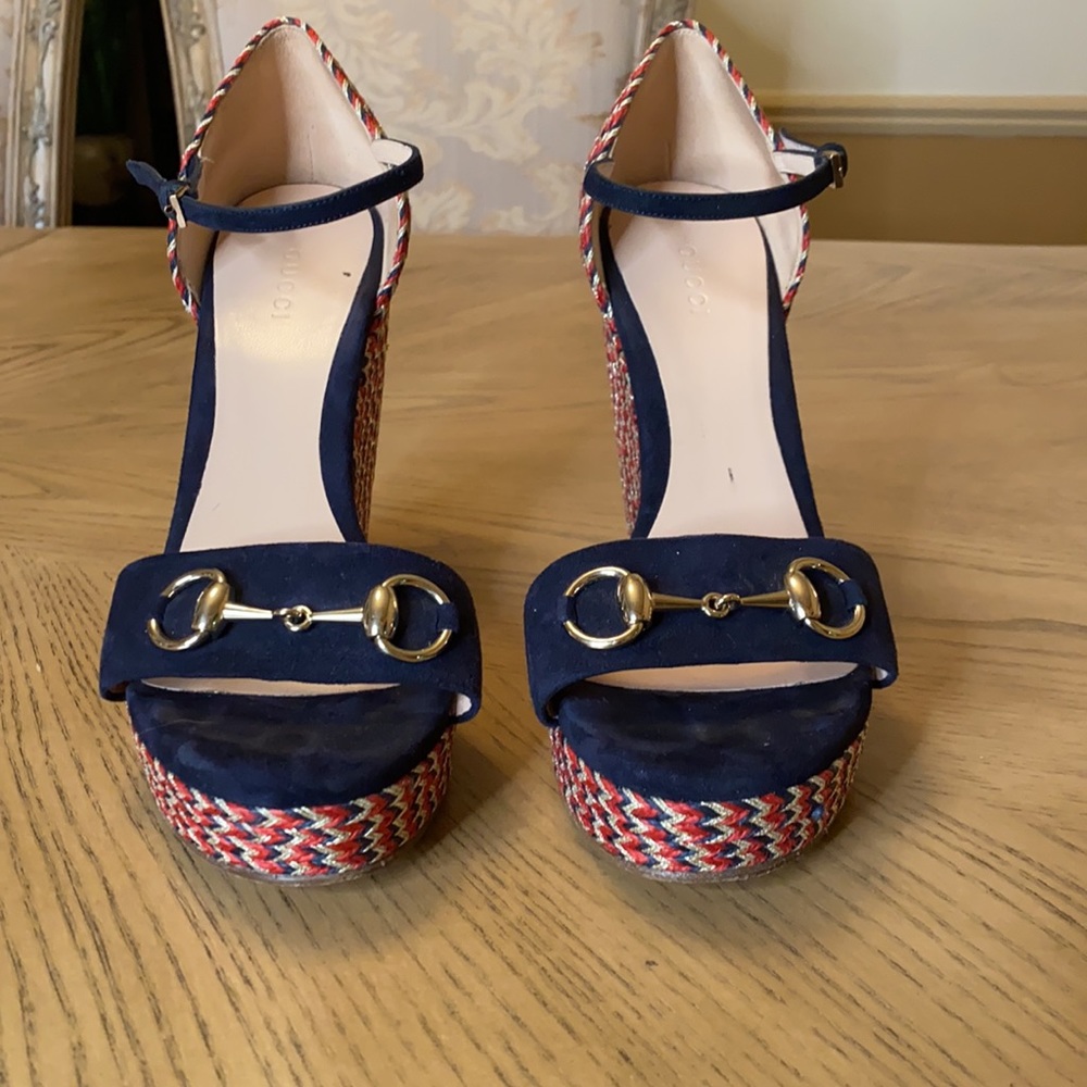 ❤️ Authentic Gucci Blue Suede Horsebit Espadrille Wedge Heels - Picture 3 of 11